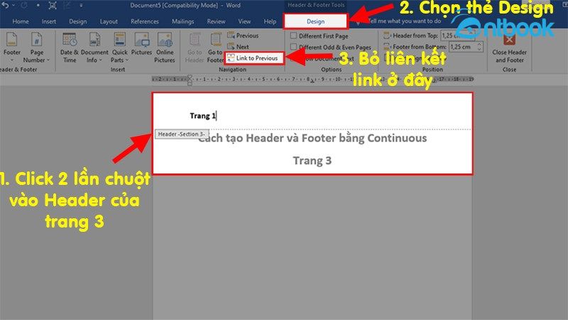 cách ngắt header, footer trong word