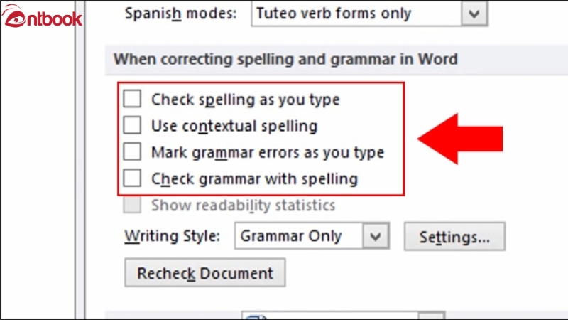 Tắt chức năng tuỳ chọn kiểm tra trong Word