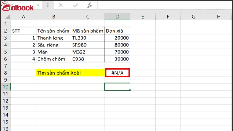 lỗi #n/a trong excel hàm vlookup