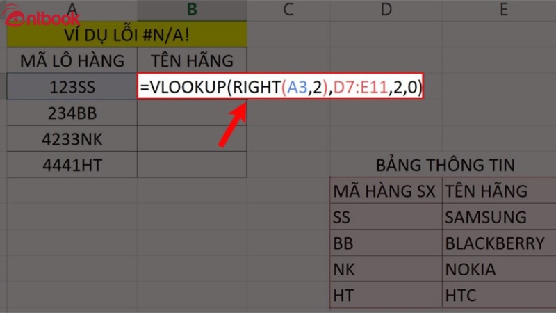 lỗi #n/a trong excel hàm vlookup