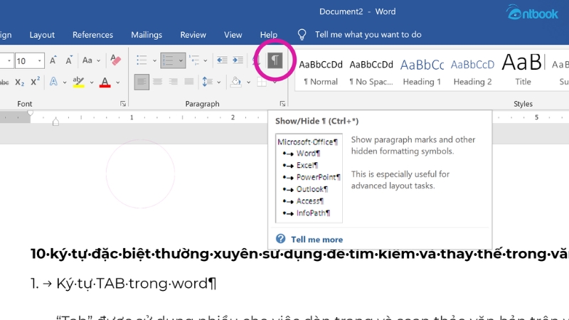 cách đặt tab trong word