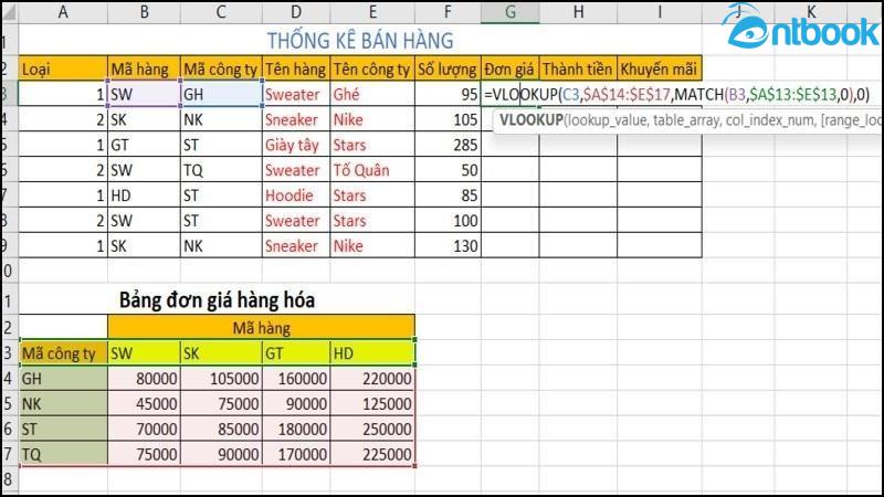 Cách tính đơn giá trong excel bằng hàm vlookup