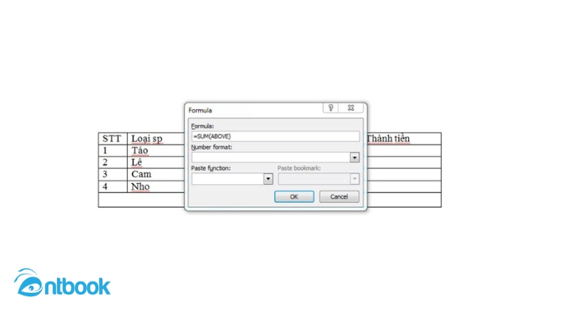 cách tính tổng trong word