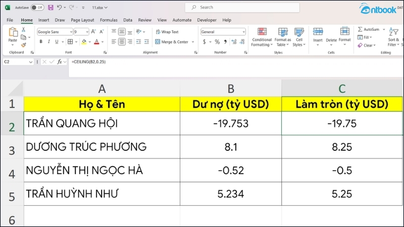 Hàm làm tròn trong Excel