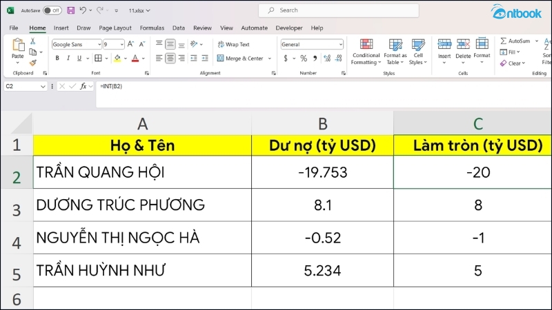 Hàm làm tròn trong Excel