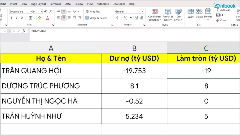 Hàm làm tròn trong Excel