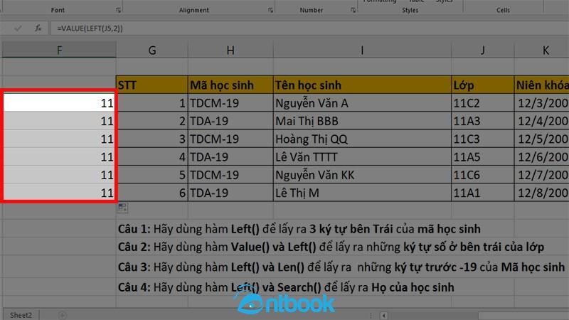 Hàm left trong Excel