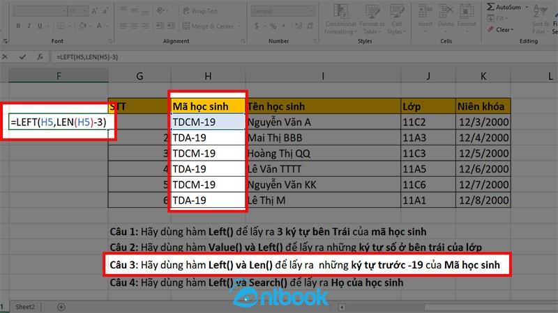 Hàm left trong Excel