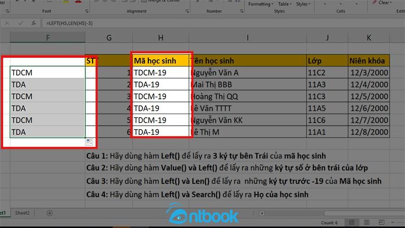 Hàm left trong Excel