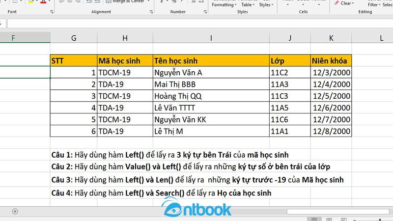 Hàm left trong Excel