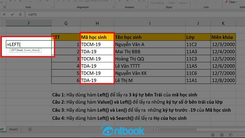 Hàm left trong Excel