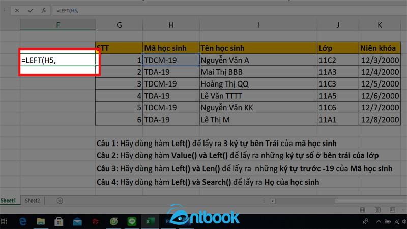 Hàm left trong Excel