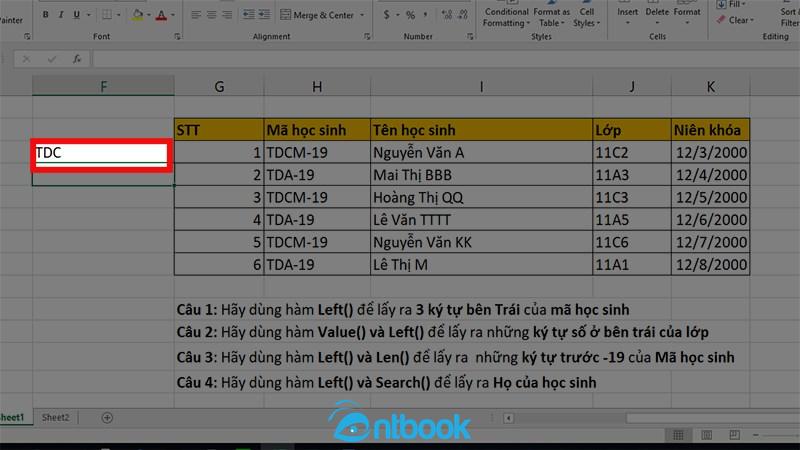 Hàm left trong Excel