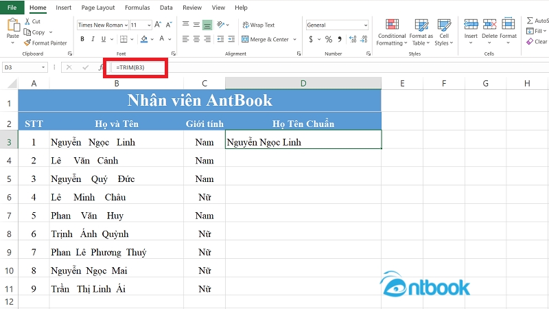 Hàm TRIM trong Excel