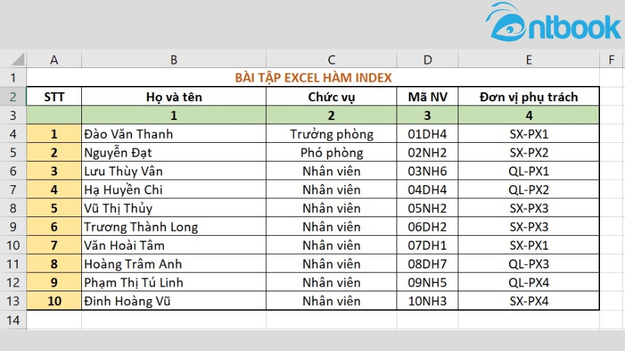 Hàm INDEX trong Excel
