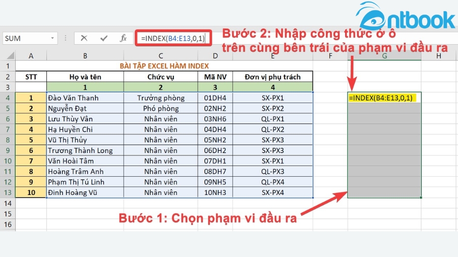 Hàm INDEX trong Excel