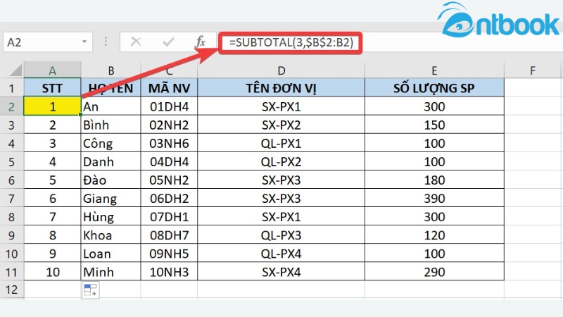 Hàm SUBTOTAL trong Excel