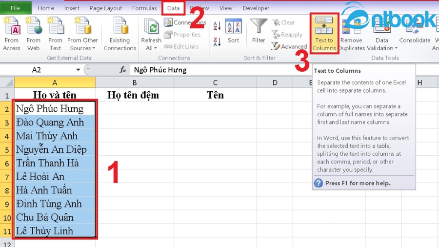 Cách tách họ và tên trong Excel