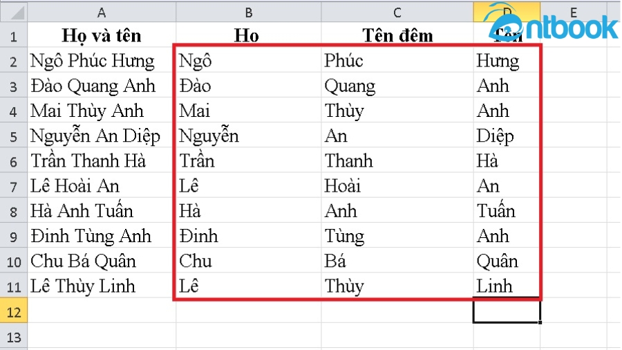 Cách tách họ và tên trong Excel