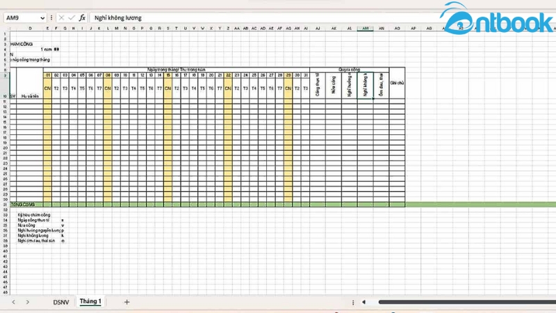 Cách tạo bảng chấm công trong Excel