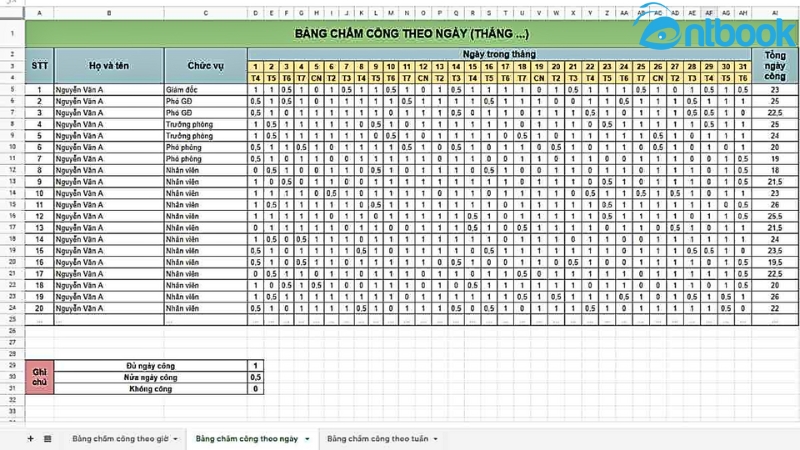 Cách tạo bảng chấm công trong Excel