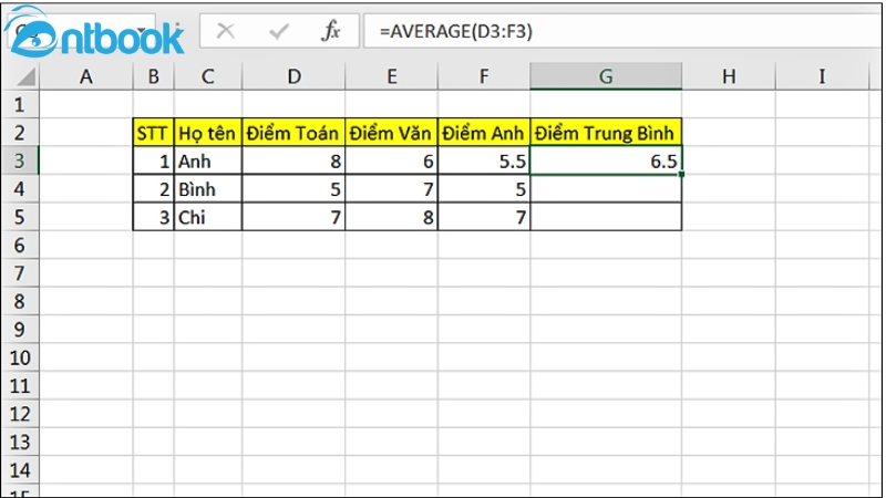 Cách tính điểm trung bình trong Excel
