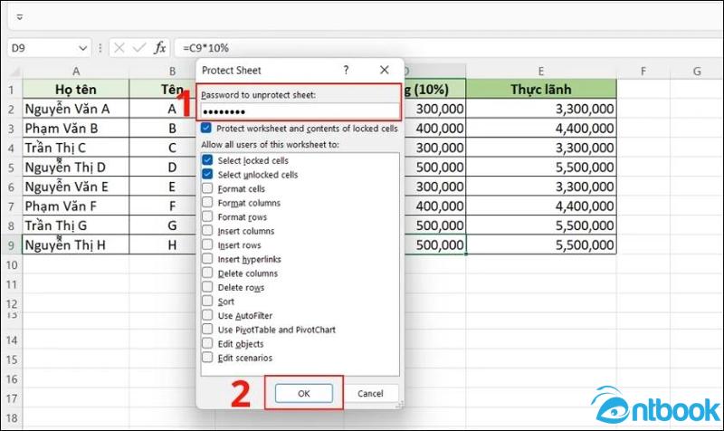Cách ẩn công thức trong Excel