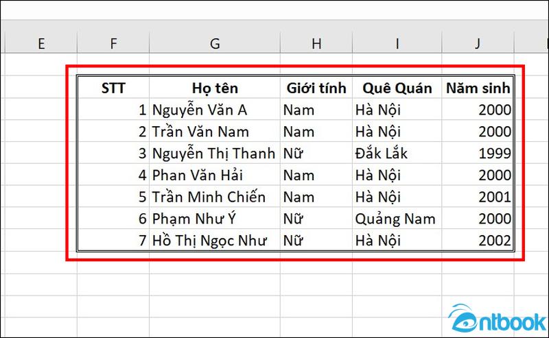 Cách tạo khung trong Excel