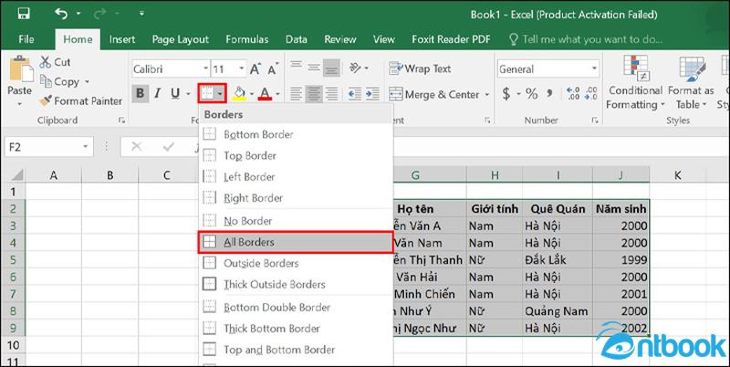 Cách tạo khung trong Excel
