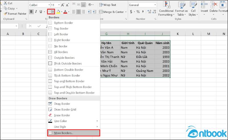 Cách tạo khung trong Excel