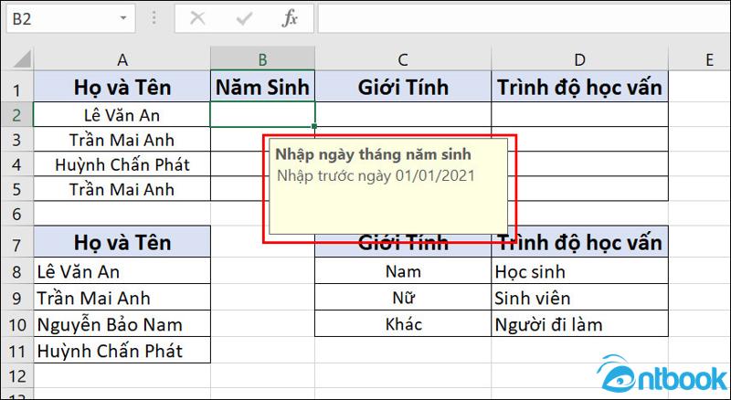 Data Validation trong Excel