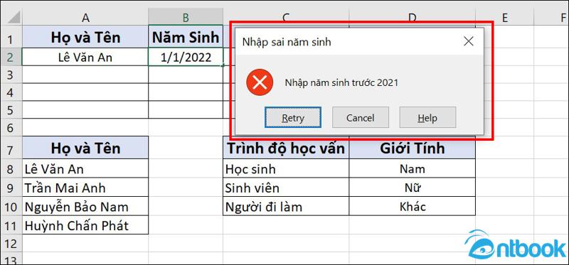 Data Validation trong Excel