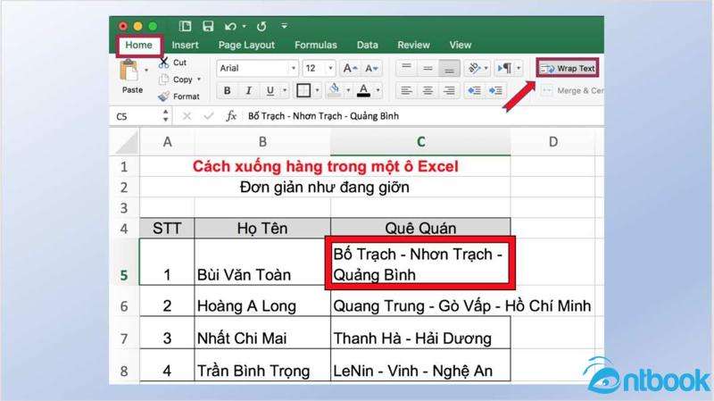 Xuống dòng trong ô Excel